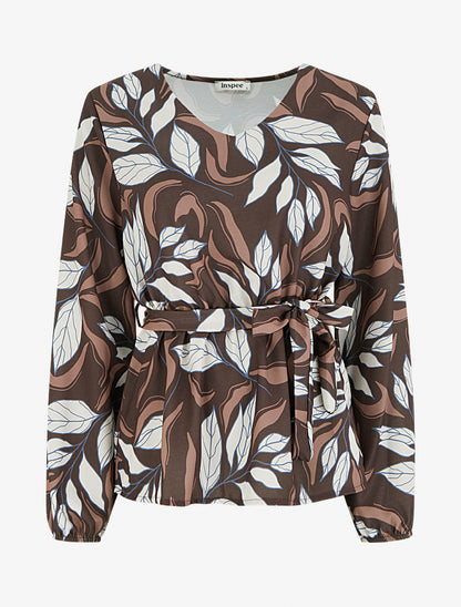 Blouse élastiquée à imprimé feuillage - Marron - 1