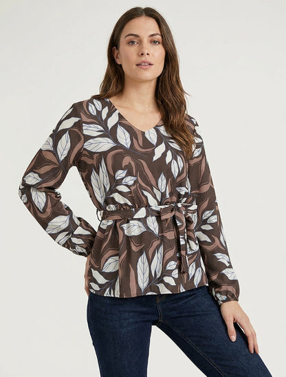 Blouse élastiquée à imprimé feuillage - Marron