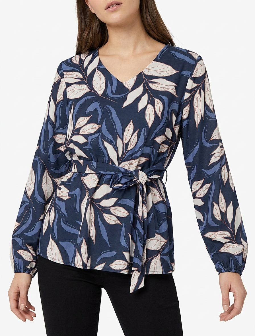 Blouse élastiquée à imprimé feuillage - Marine