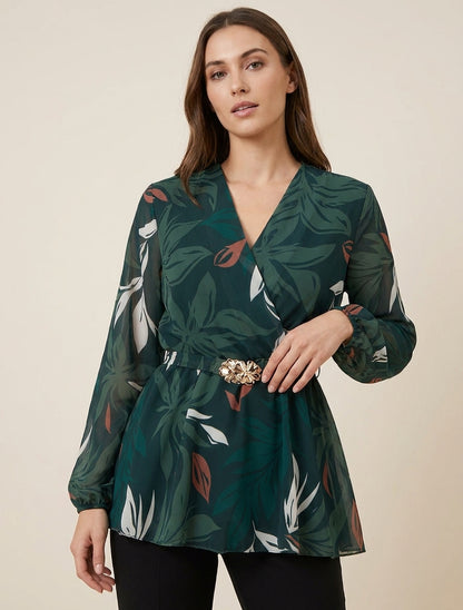 Top cache-coeur imprimé feuillage à bijou floral - Vert foncé