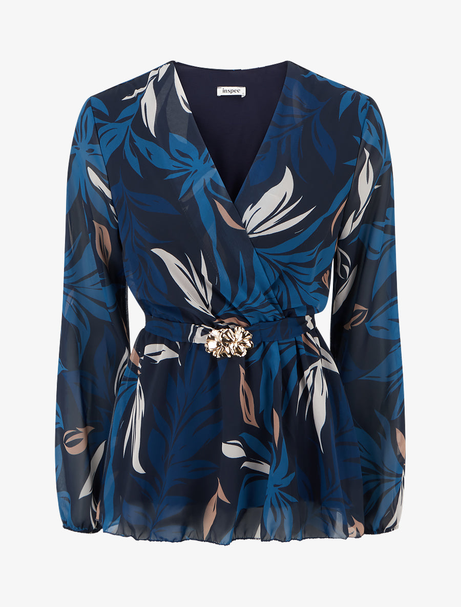 Top cache-coeur imprimé feuillage à bijou floral - Marine - 1
