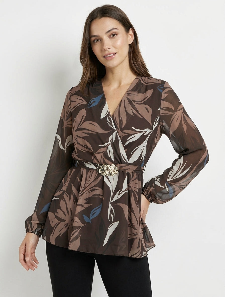 Top cache-coeur imprimé feuillage à bijou floral - Marron