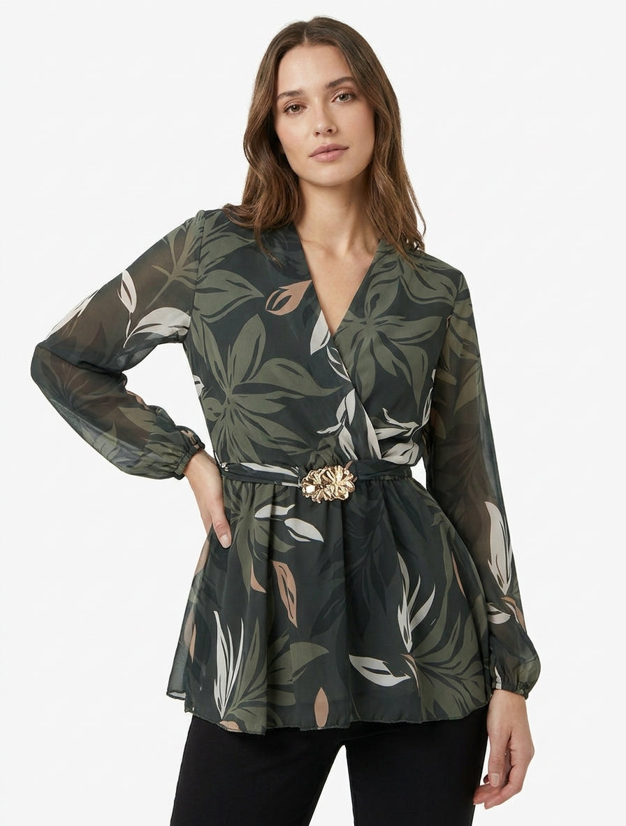 Top cache-coeur imprimé feuillage à bijou floral - Kaki