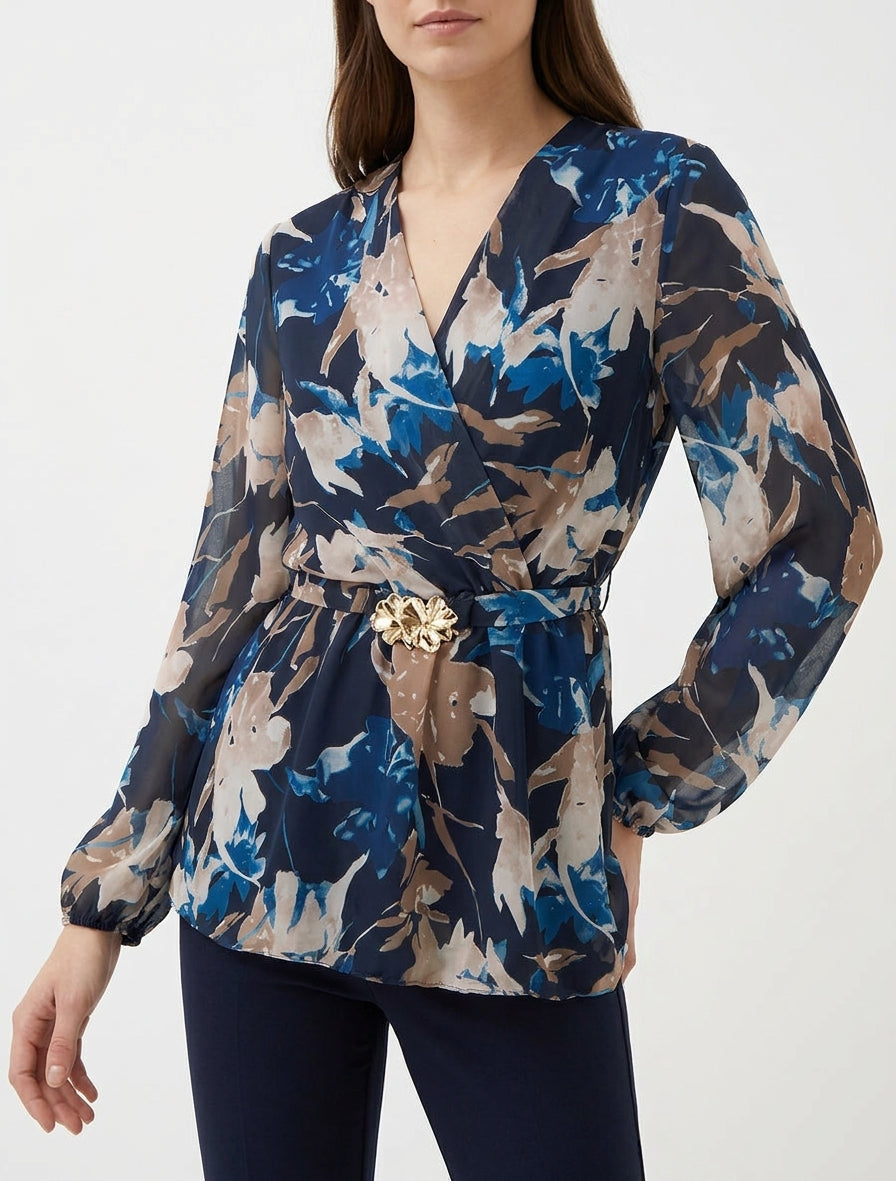 Top cache-coeur imprimé fleurs abstraites à bijou floral - Marine