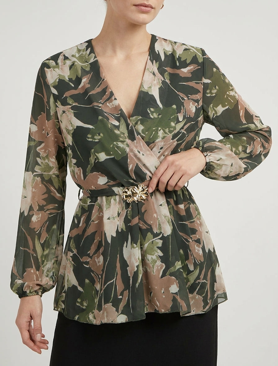 Top cache-coeur imprimé fleurs abstraites à bijou floral - Kaki