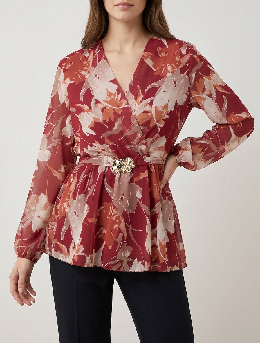 Top cache-coeur imprimé fleurs abstraites à bijou floral - Rouge