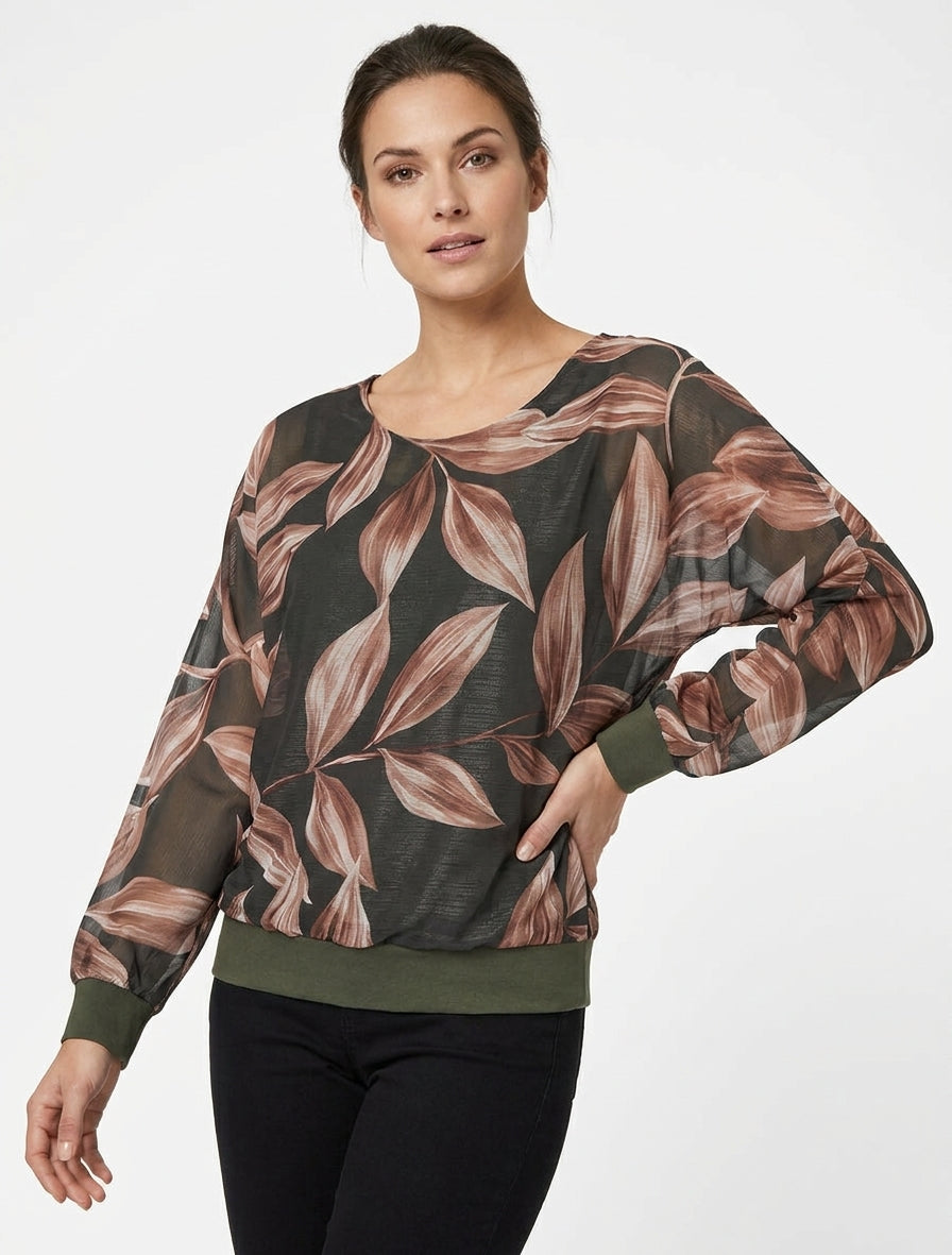Blouse imprimé feuillage à détail irisé - Kaki foncé