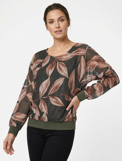 Blouse imprimé feuillage à détail irisé - Kaki foncé