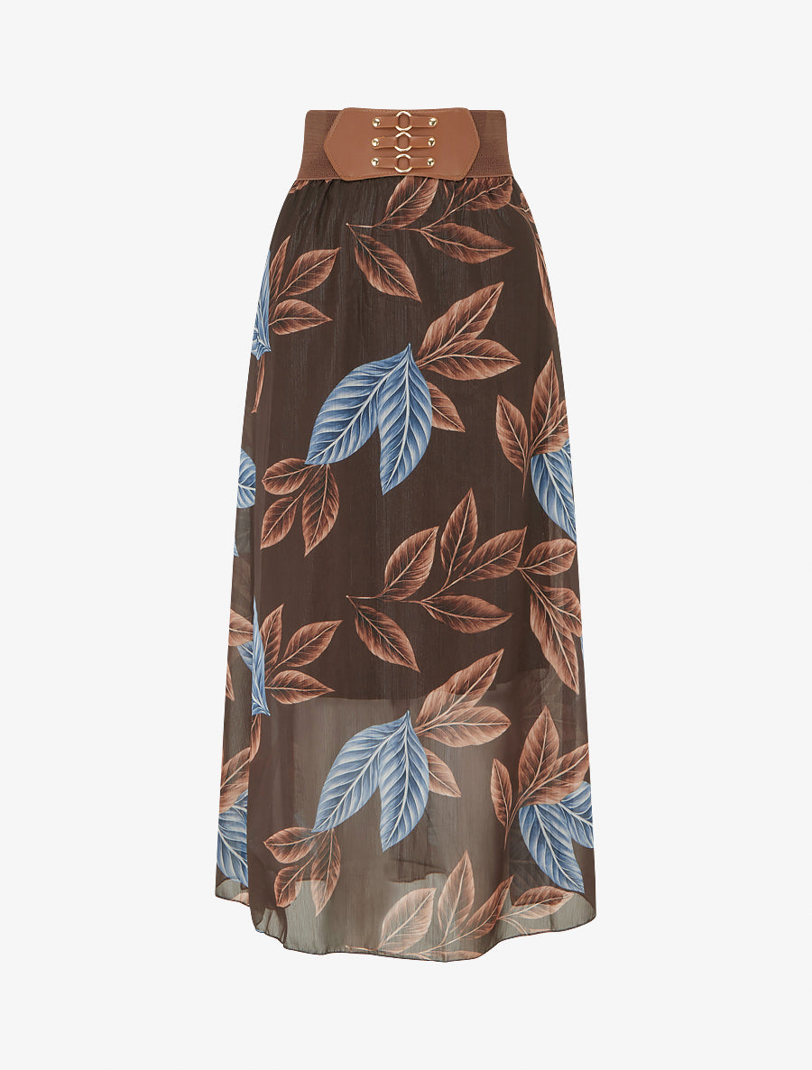 Jupe longue en voile irisé imprimé feuilles - Marron - 1