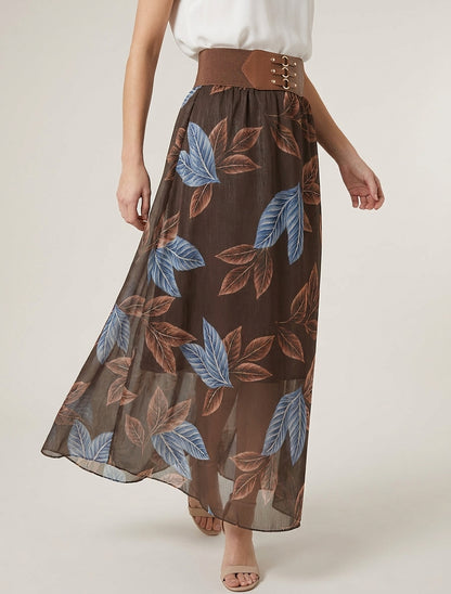 Jupe longue en voile irisé imprimé feuilles - Marron