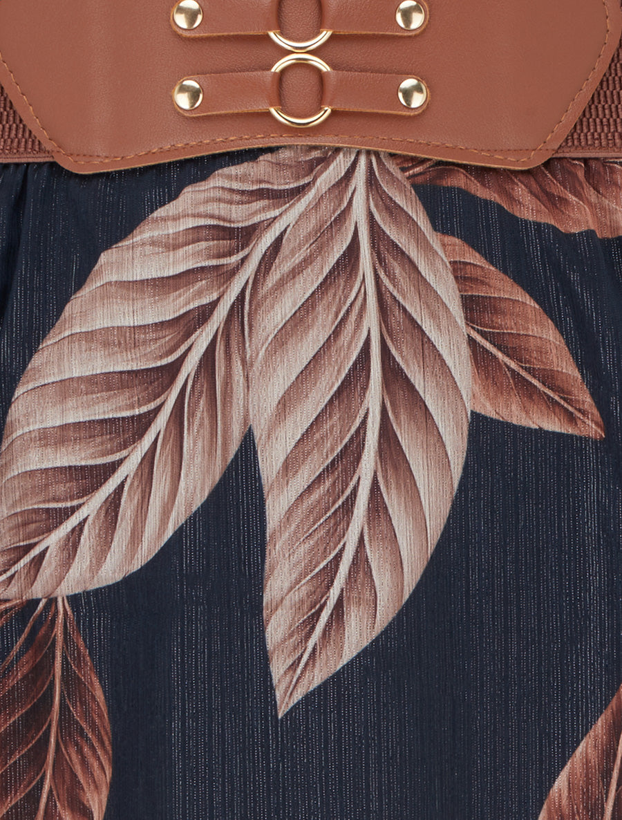 Jupe longue en voile irisé imprimé feuilles - Bleu nuit - 3