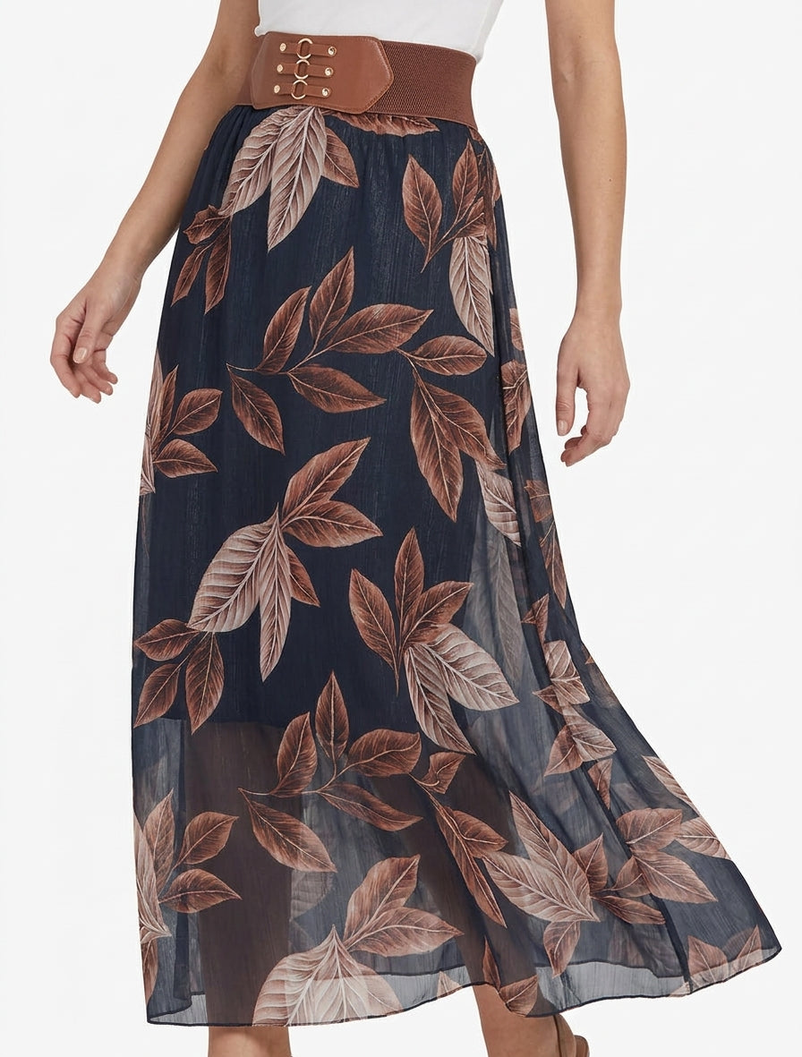 Jupe longue en voile irisé imprimé feuilles - Bleu nuit