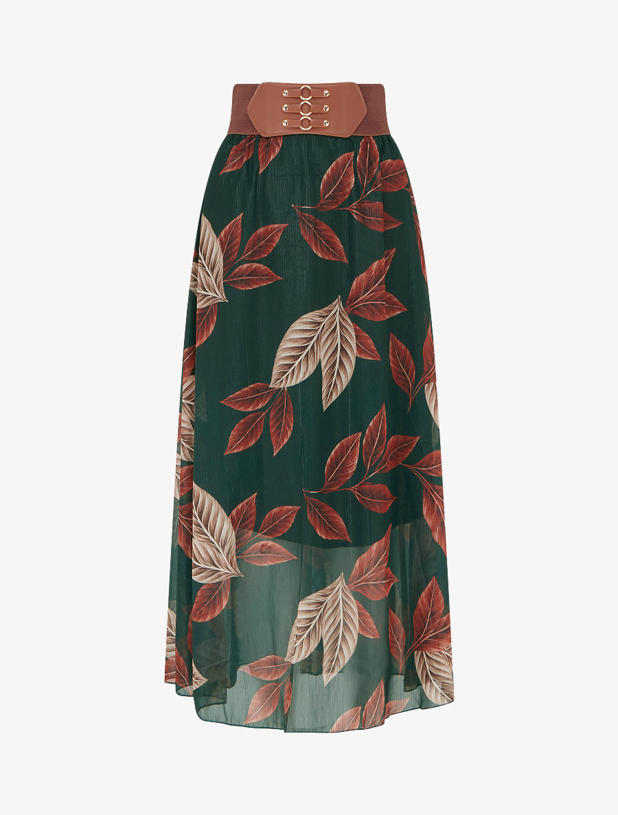 Jupe longue en voile irisé imprimé feuilles - Vert foncé - 1