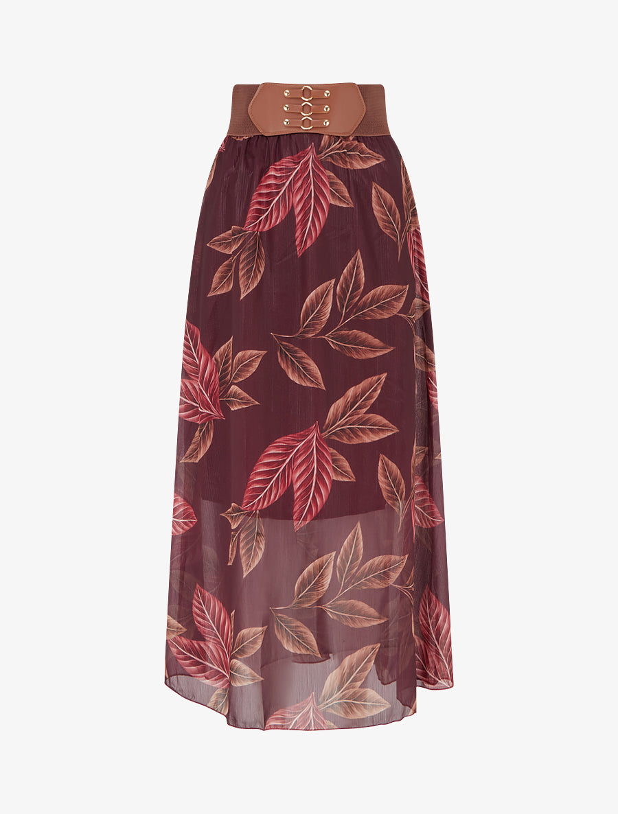 Jupe longue en voile irisé imprimé feuilles - Prune - 1