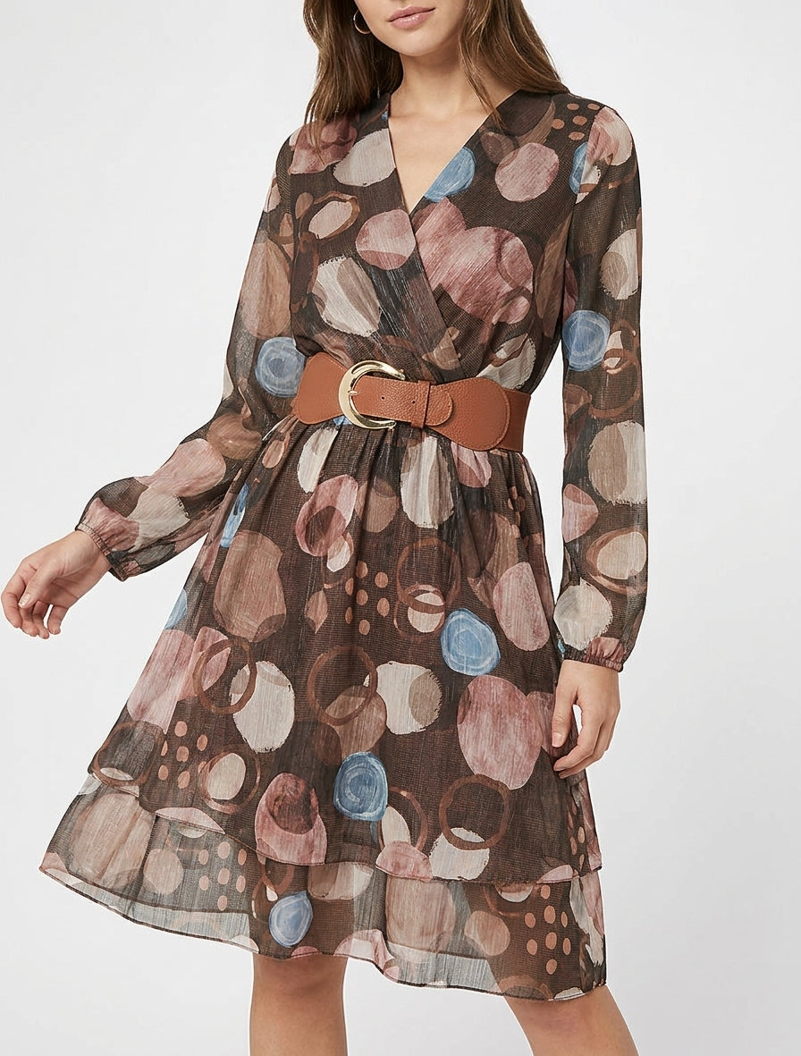 Robe imprimé abstrait à col cache coeur - Marron