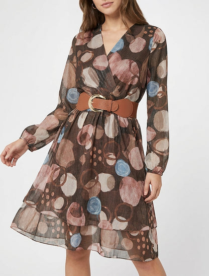 Robe imprimé abstrait à col cache coeur - Marron