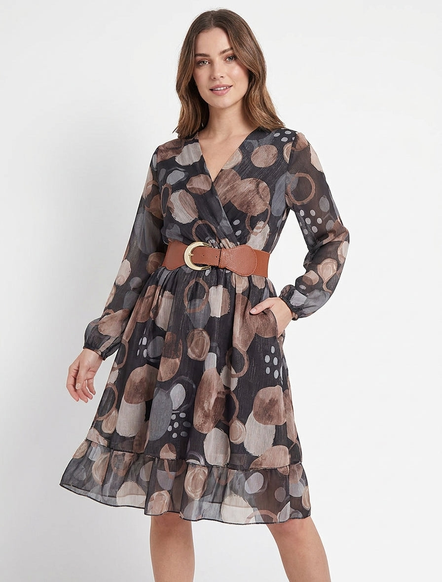 Robe imprimé abstrait à col cache coeur - Noir