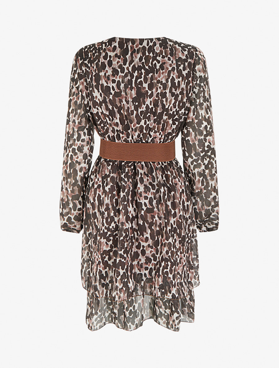 Robe imprimé fantaisie à col cache coeur - Marron - 2