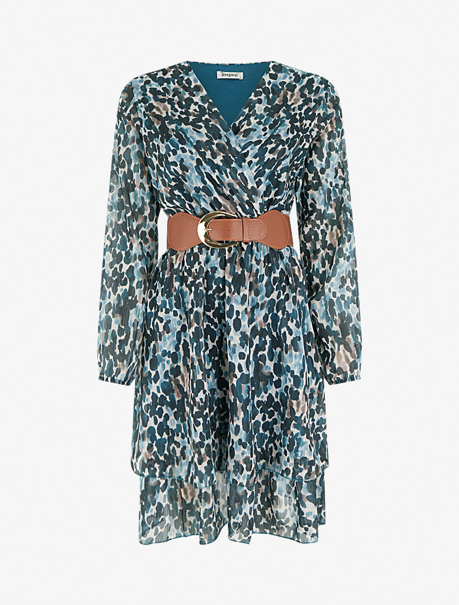 Robe imprimé fantaisie à col cache coeur - Bleu canard - 1