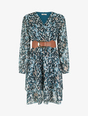 Robe imprimé fantaisie à col cache coeur - Bleu canard - 1