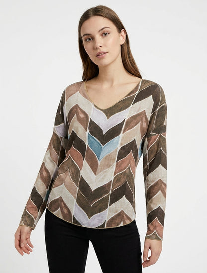 Pull fin imprimé chevron fantaisie - Marron
