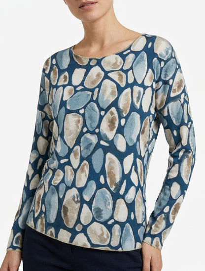 Pull fin à col rond et imprimé galet - Bleu canard