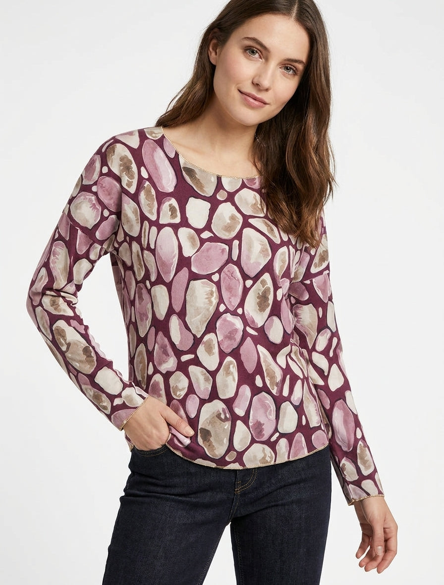 Pull fin à col rond et imprimé galet - Prune