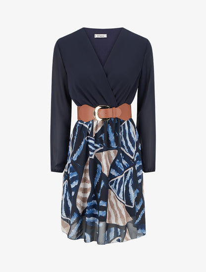 Robe évasée à imprimé feuilles abstraites - Marine - 1