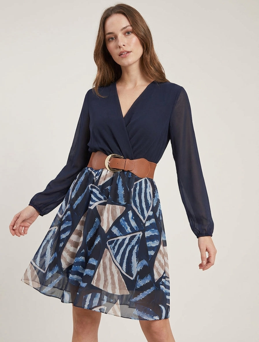Robe évasée à imprimé feuilles abstraites - Marine