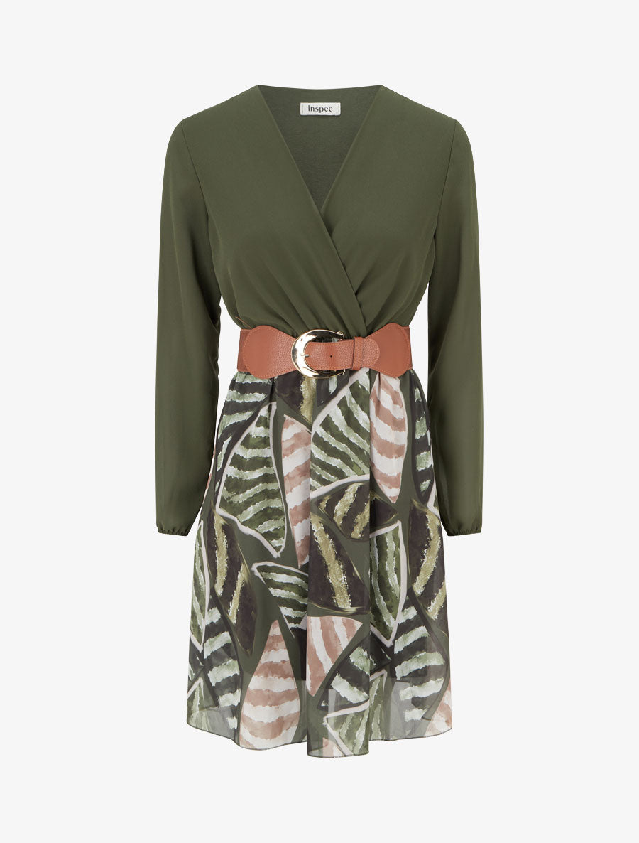 Robe évasée à imprimé feuilles abstraites - Kaki - 1