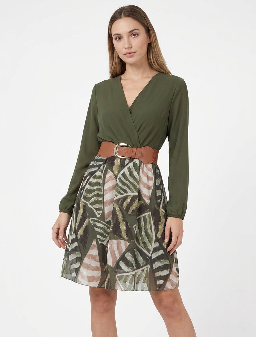 Robe évasée à imprimé feuilles abstraites - Kaki