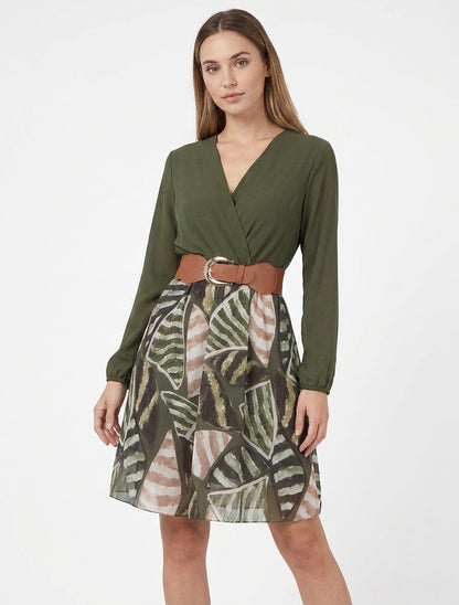 Robe évasée à imprimé feuilles abstraites - Kaki