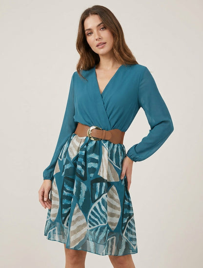 Robe évasée à imprimé feuilles abstraites - Bleu canard