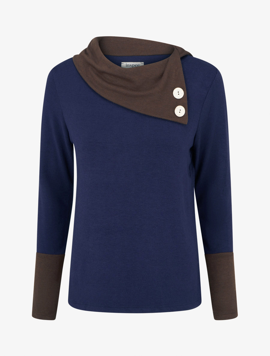Pull fin bicolore à col drapé asymétrique - Marine/marron - 1