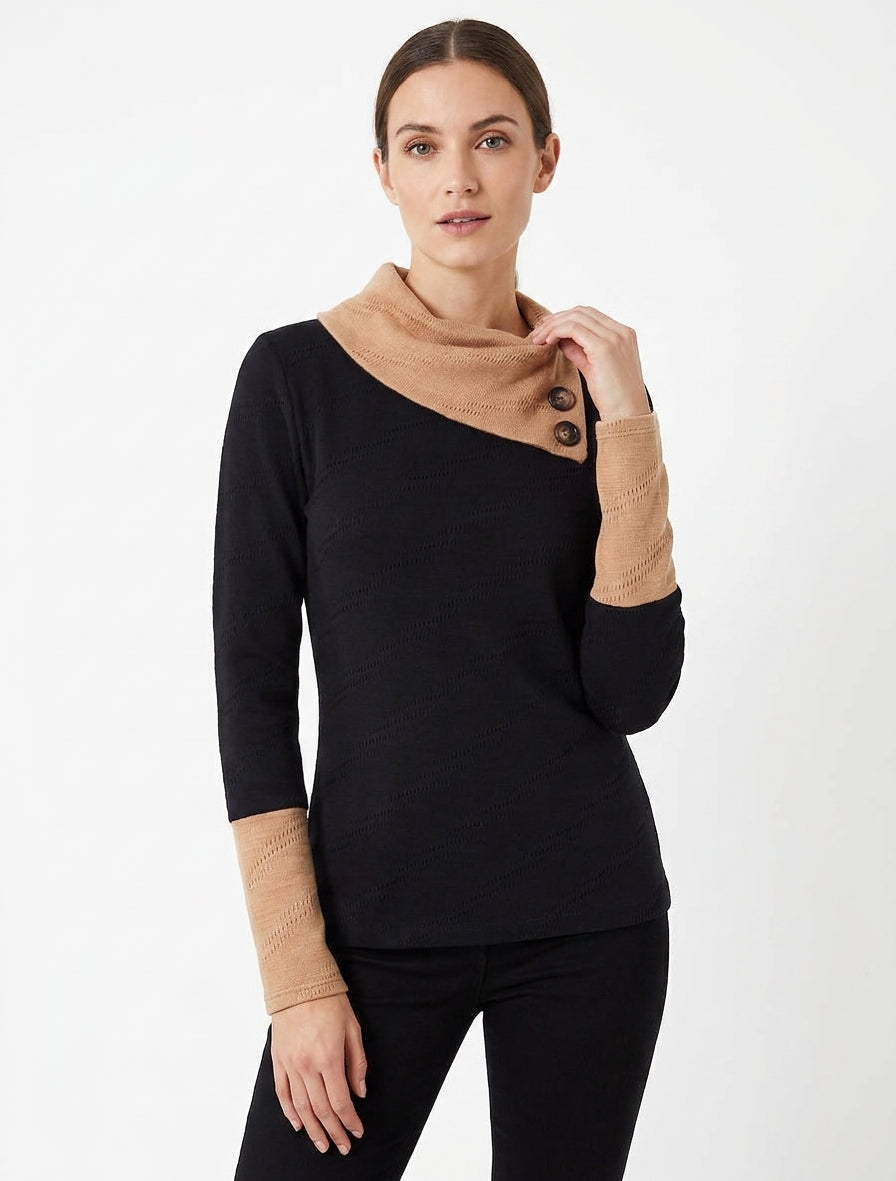 Pull texturé à col fantaisie boutonné - Noir