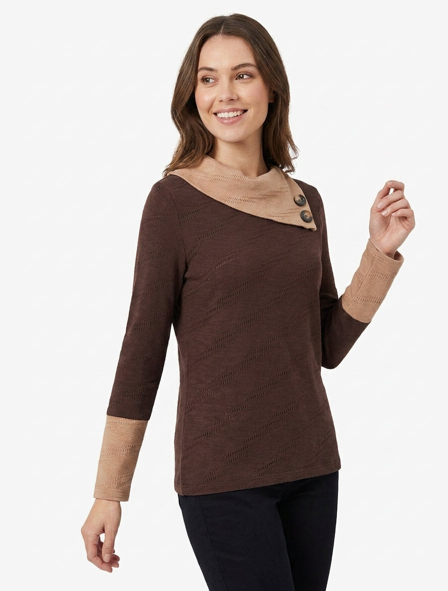 Pull texturé à col fantaisie boutonné - Marron
