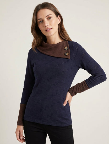 Pull texturé à col fantaisie boutonné - Marine