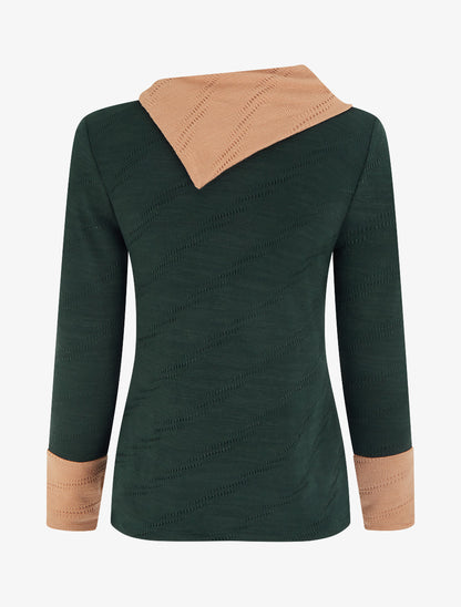 Pull texturé à col fantaisie boutonné - Vert foncé - 2