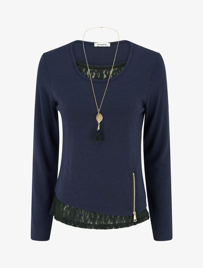 Pull fin à bords en dentelle et zip décoratif - Marine - 1