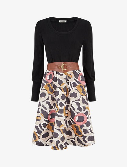 Robe évasée en maille et suédine imprimé ronds stylisés - Noir - 1
