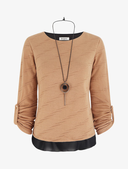 Pull texturé à col rond et doublure apparente - Camel - 1