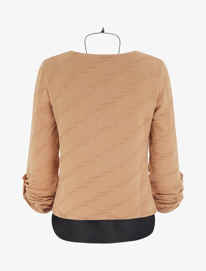 Pull texturé à col rond et doublure apparente - Camel - 2