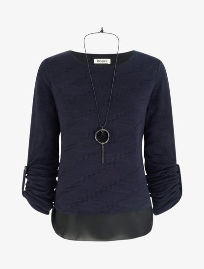 Pull texturé à col rond et doublure apparente - Marine - 1