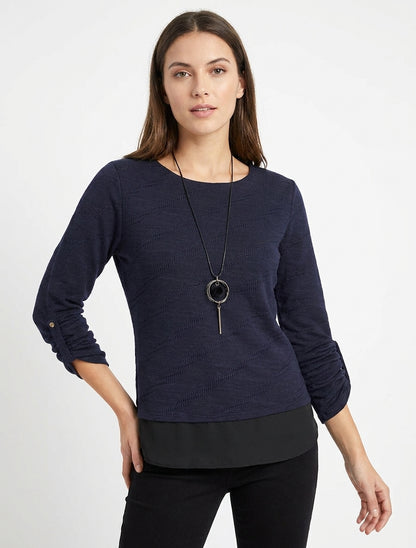 Pull texturé à col rond et doublure apparente - Marine