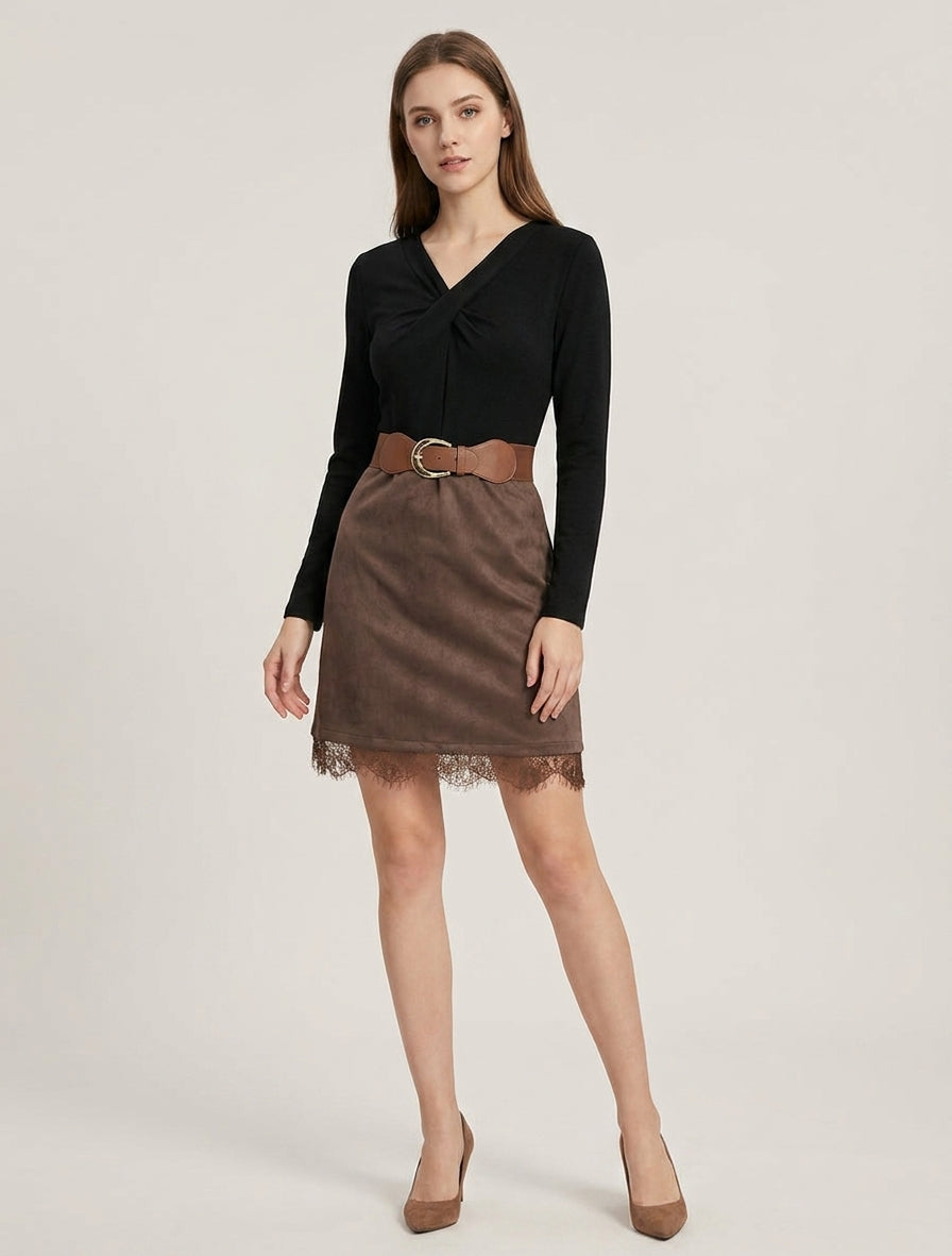 Robe droite en maille et suédine à bords en dentelle - Noir/marron