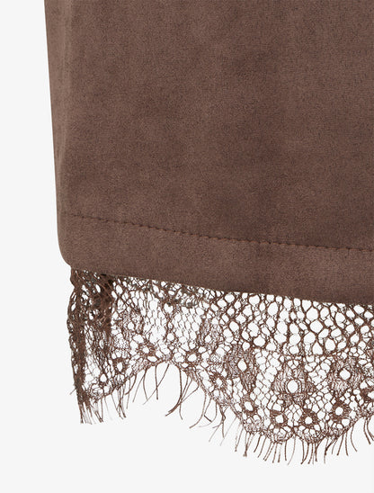 Robe droite en maille et suédine à bords en dentelle - Marron/marine - 3