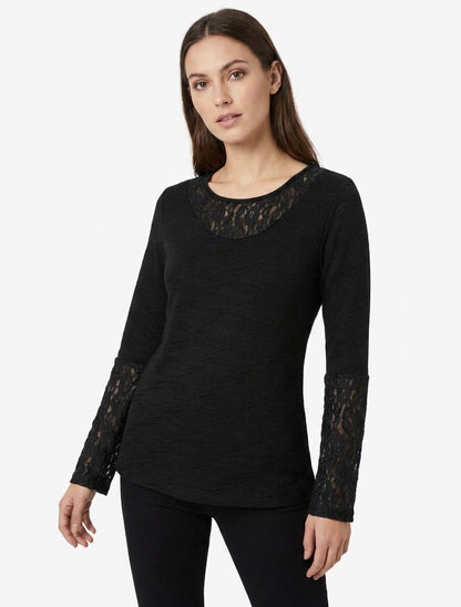 Pull droit à col et manches en dentelle - Noir