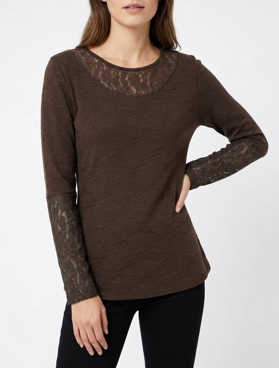 Pull droit à col et manches en dentelle - Marron