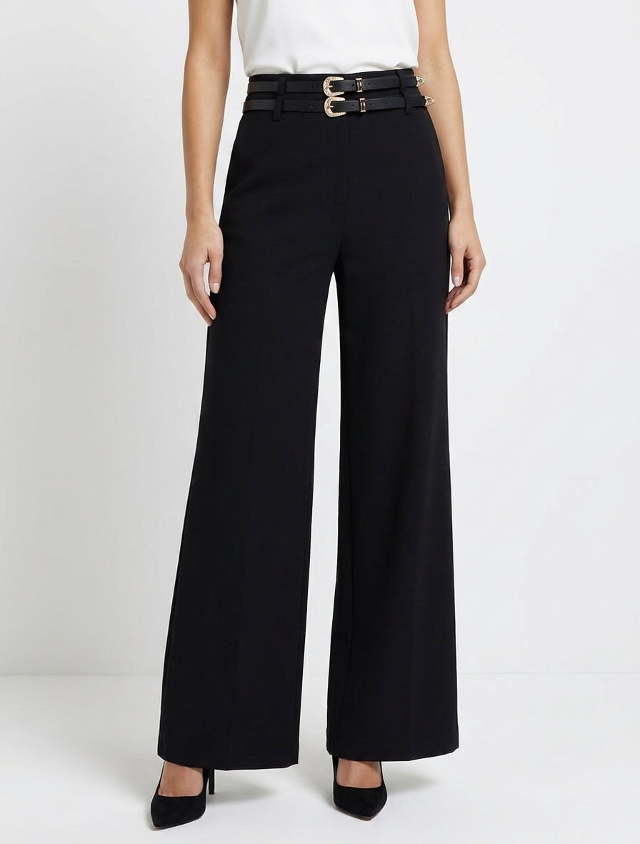 Pantalon ample taille haute à double ceintures - Noir