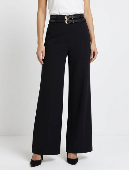 Pantalon ample taille haute à double ceintures - Noir